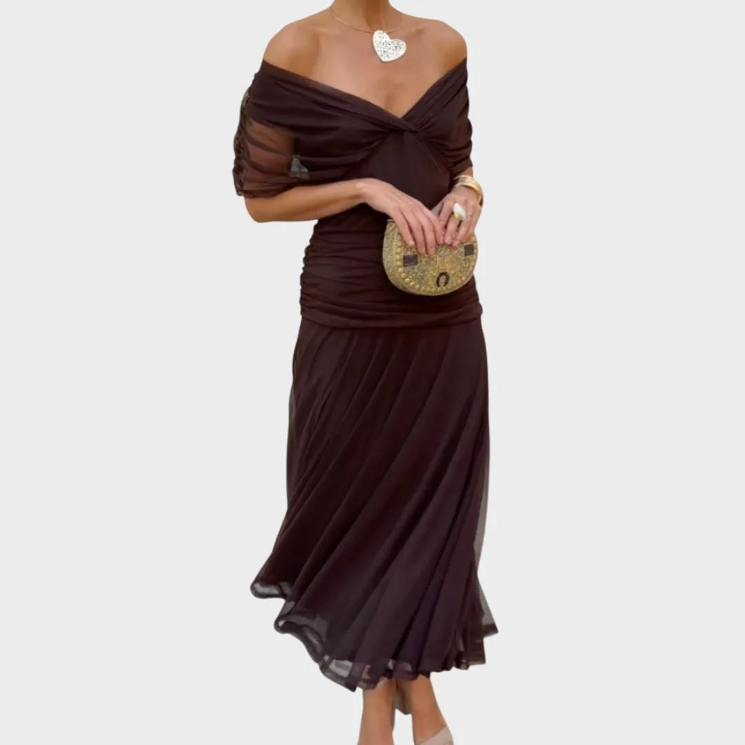 Carol Robe Maxi Fleurie Invitée de Mariage, Épaules Dénudées, Taille Froncée pour Femme - Marron | Tenelle