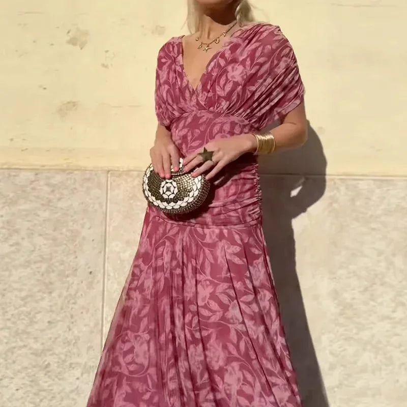 Carol Robe Maxi Fleurie Invitée de Mariage, Épaules Dénudées, Taille Froncée pour Femme - Violet | Tenelle