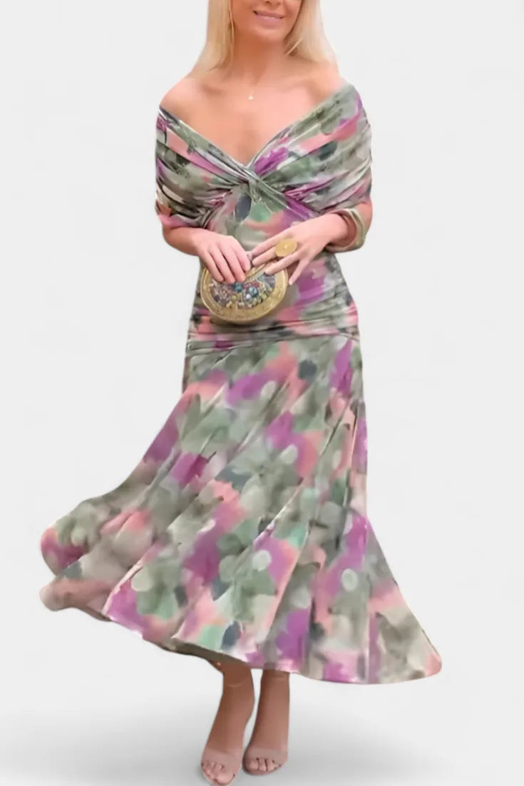 Carol Robe Maxi Fleurie Invitée de Mariage, Épaules Dénudées, Taille Froncée pour Femme - Violet | Tenelle