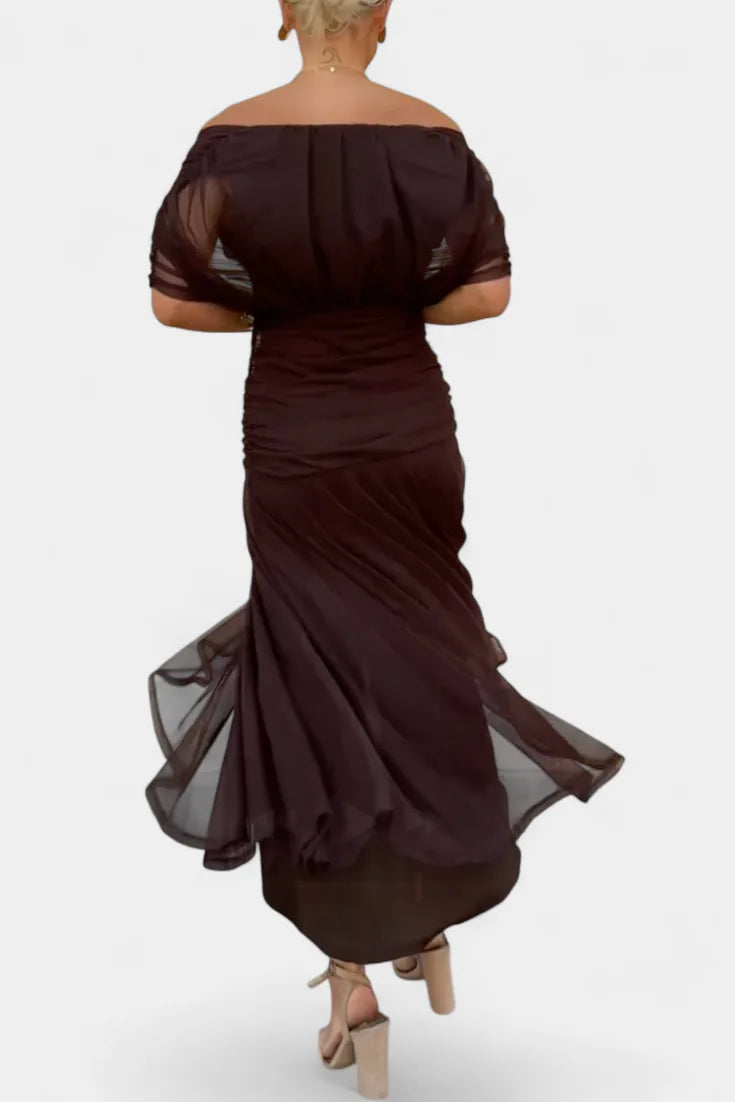 Carol Robe Maxi Fleurie Invitée de Mariage, Épaules Dénudées, Taille Froncée pour Femme - Violet | Tenelle