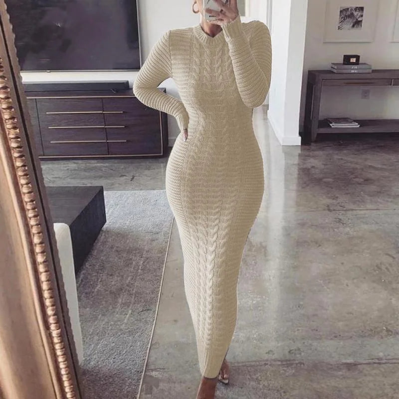 Colette Robe Maxi Moulante en Maille Torsadée pour Femme - Beige | Tenelle