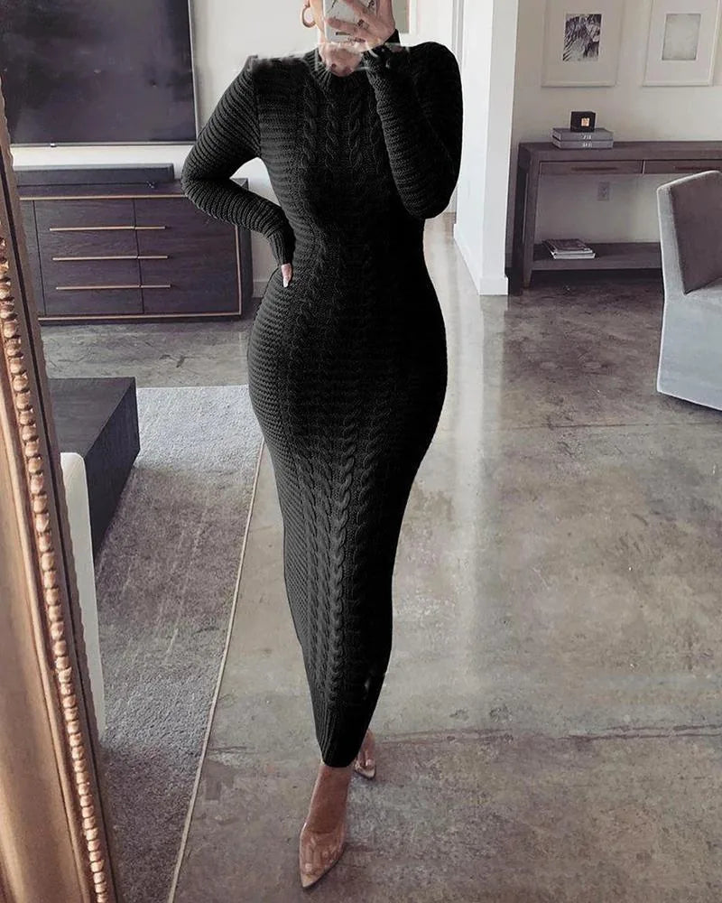 Colette Robe Maxi Moulante en Maille Torsadée pour Femme - Noir | Tenelle