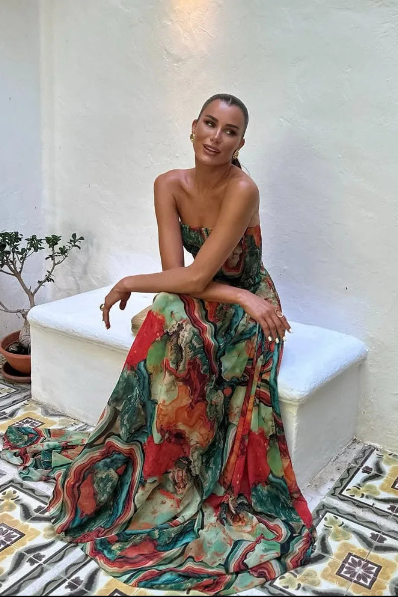 Malibu Robe Maxi Bustier Imprimé Abstrait, Invitée de Mariage pour Femme - Multicolore | Tenelle