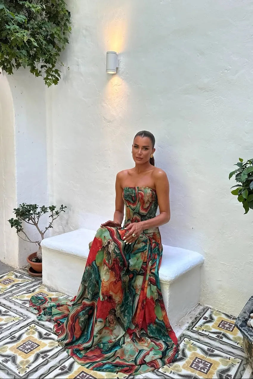 Malibu Robe Maxi Bustier Imprimé Abstrait, Invitée de Mariage pour Femme - Multicolore | Tenelle