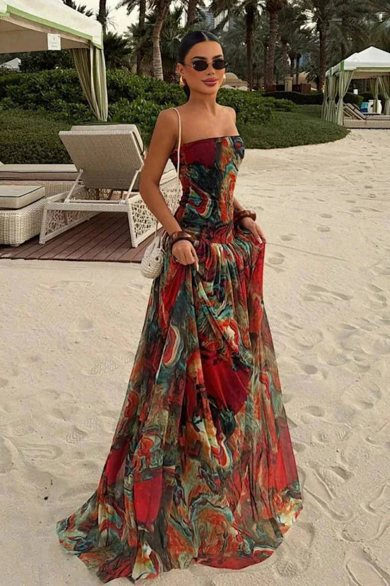 Malibu Robe Maxi Bustier Imprimé Abstrait, Invitée de Mariage pour Femme - Multicolore | Tenelle