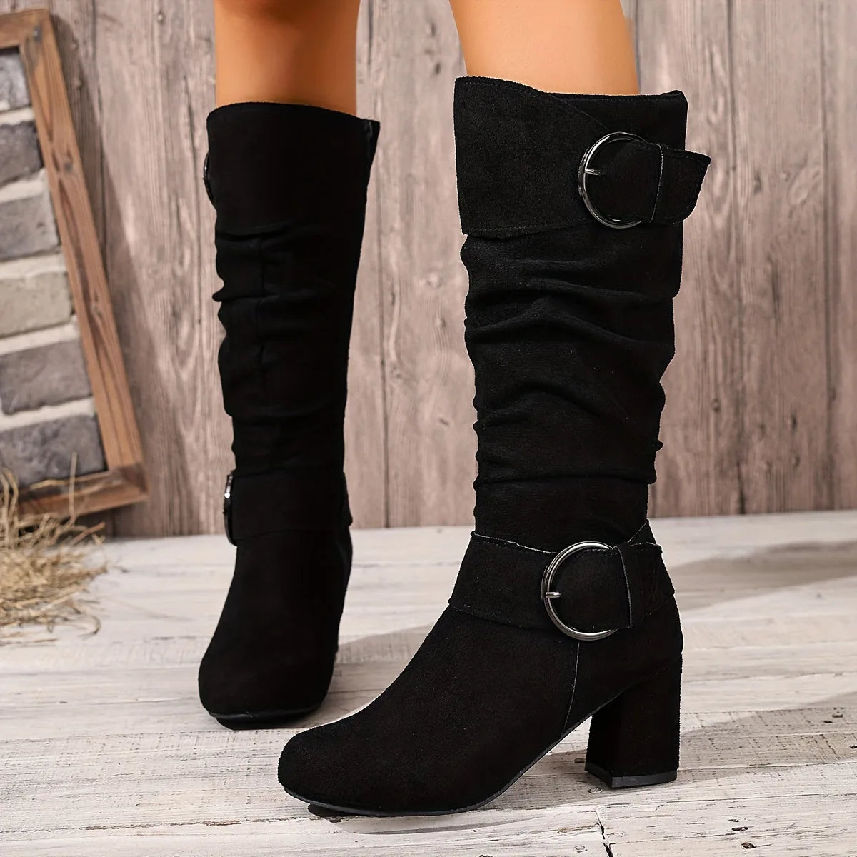 Mallory Bottes Mi-Mollet Souples à Double Boucle, Talon Carré pour Femme - Noir | Tenelle