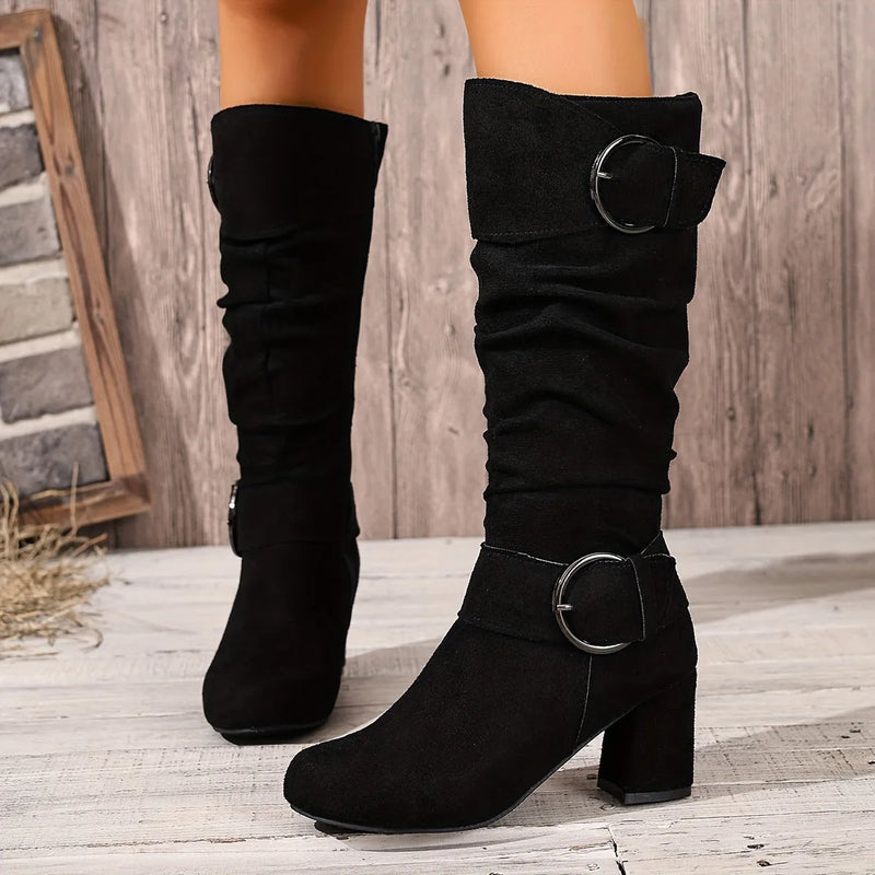 Mallory Bottes Mi-Mollet Souples à Double Boucle, Talon Carré pour Femme - Noir | Tenelle