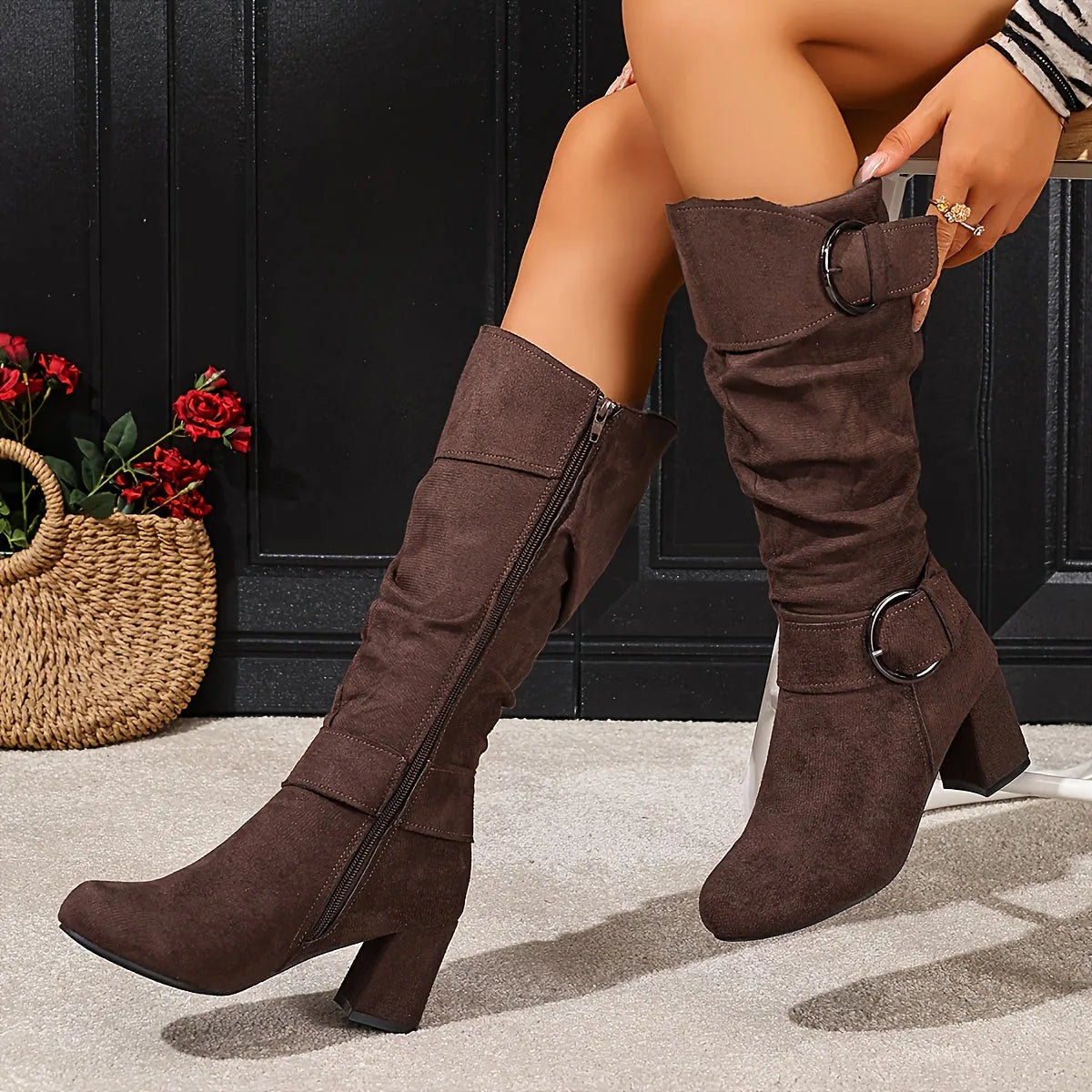 Mallory Bottes Mi-Mollet Souples à Double Boucle, Talon Carré pour Femme - Café | Tenelle
