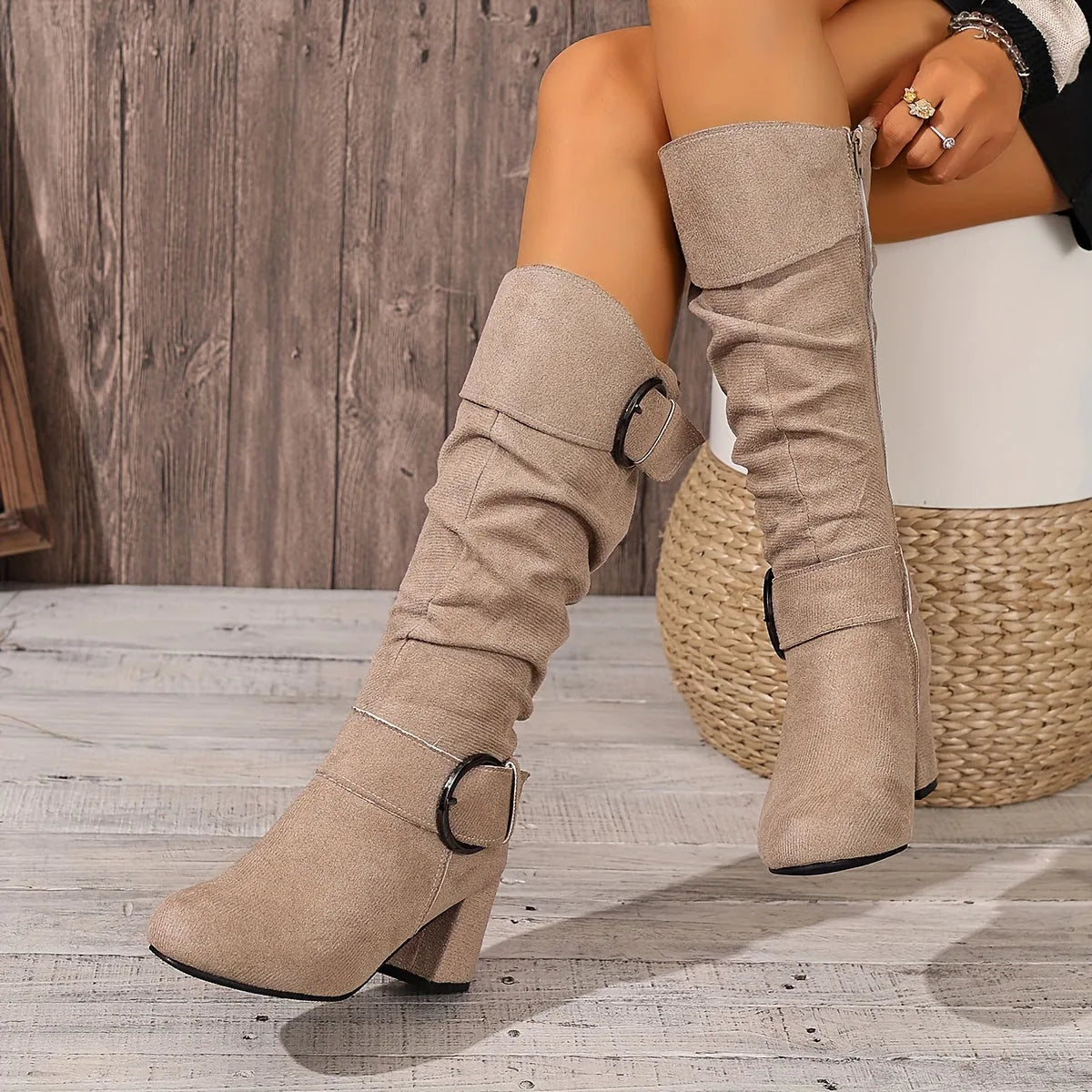 Mallory Bottes Mi-Mollet Souples à Double Boucle, Talon Carré pour Femme - Café | Tenelle