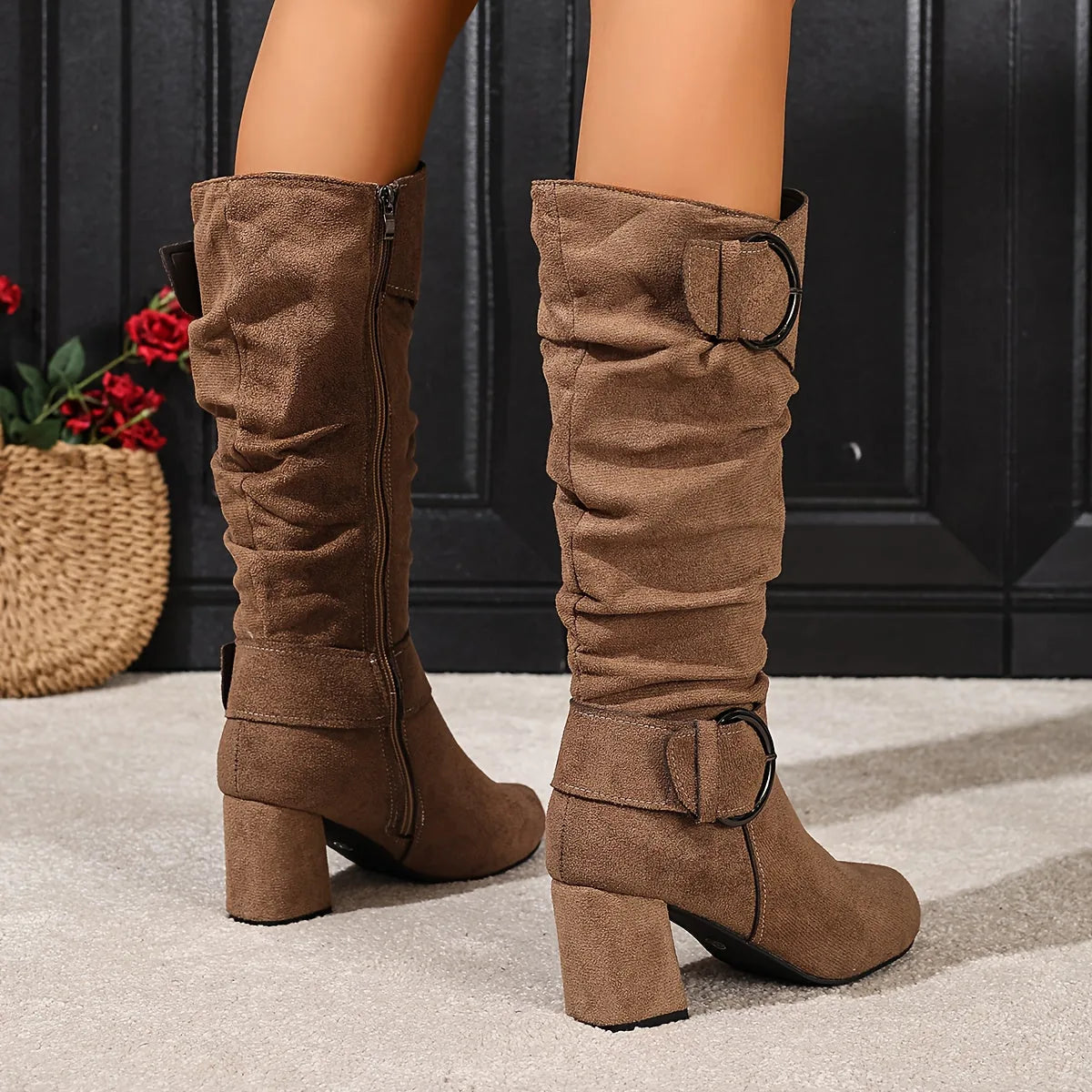 Mallory Bottes Mi-Mollet Souples à Double Boucle, Talon Carré pour Femme - Noir | Tenelle