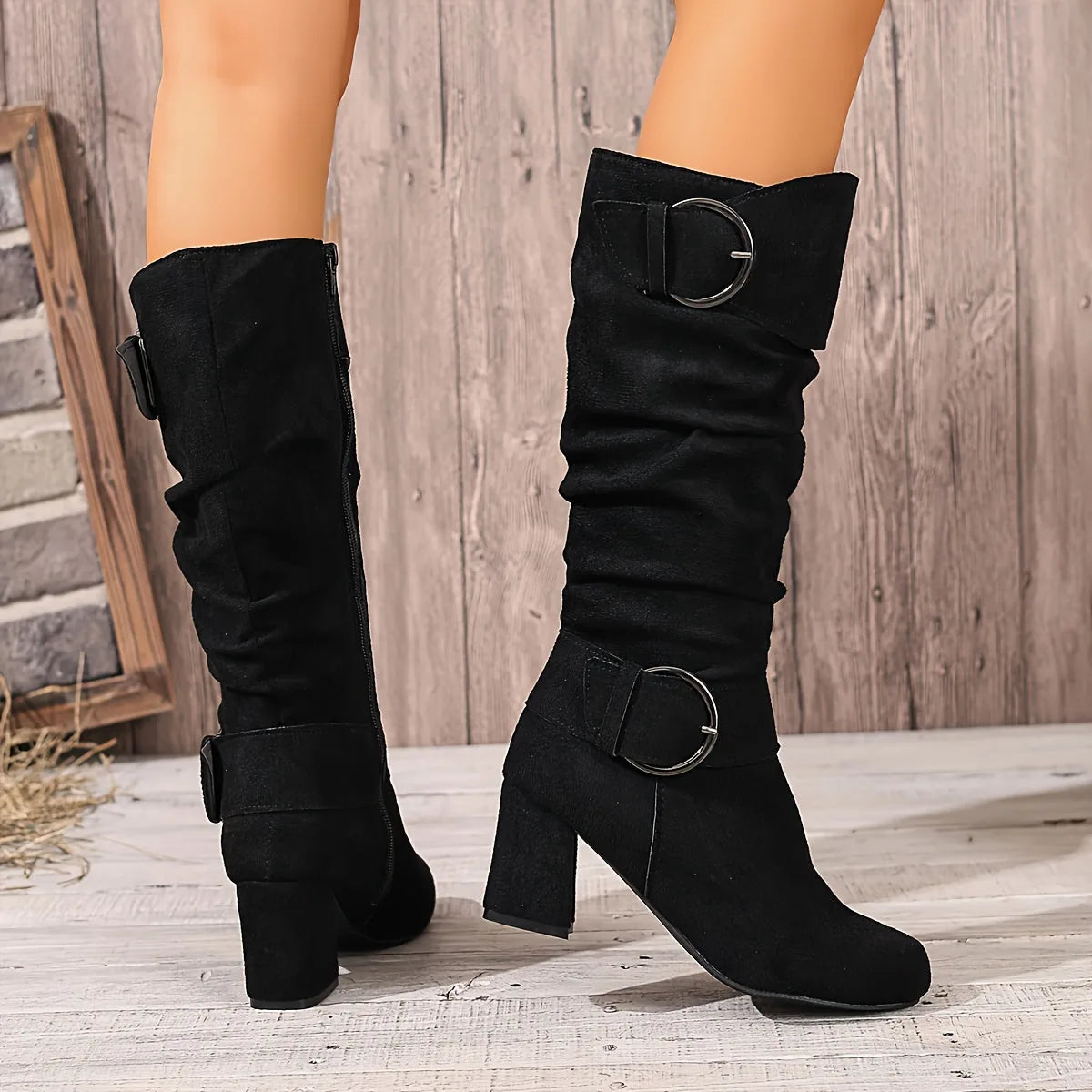 Mallory Bottes Mi-Mollet Souples à Double Boucle, Talon Carré pour Femme - Café | Tenelle