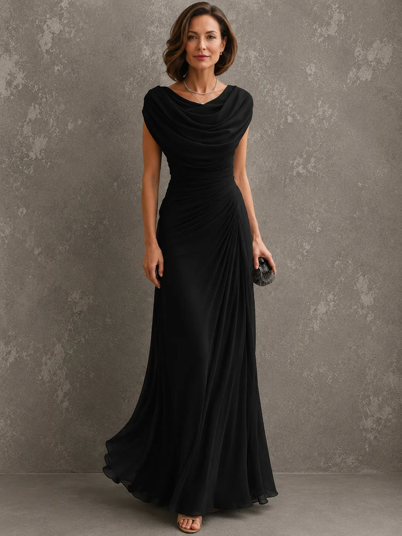 Miren Robe Maxi Invitée de Mariage, Col Bénitier, Taille Froncée, Sans Manches, Style Habillé pour Femme - Noir | Tenelle