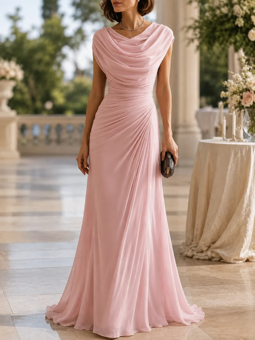 Miren Robe Maxi Invitée de Mariage, Col Bénitier, Taille Froncée, Sans Manches, Style Habillé pour Femme - Noir | Tenelle