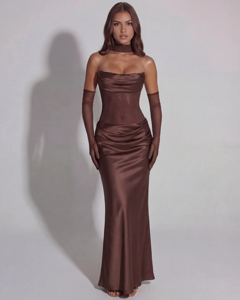 Ophelia Robe de Soirée Maxi en Satin, Col Bénitier, Corset Bustier et Gants pour Femme - Marron | Tenelle