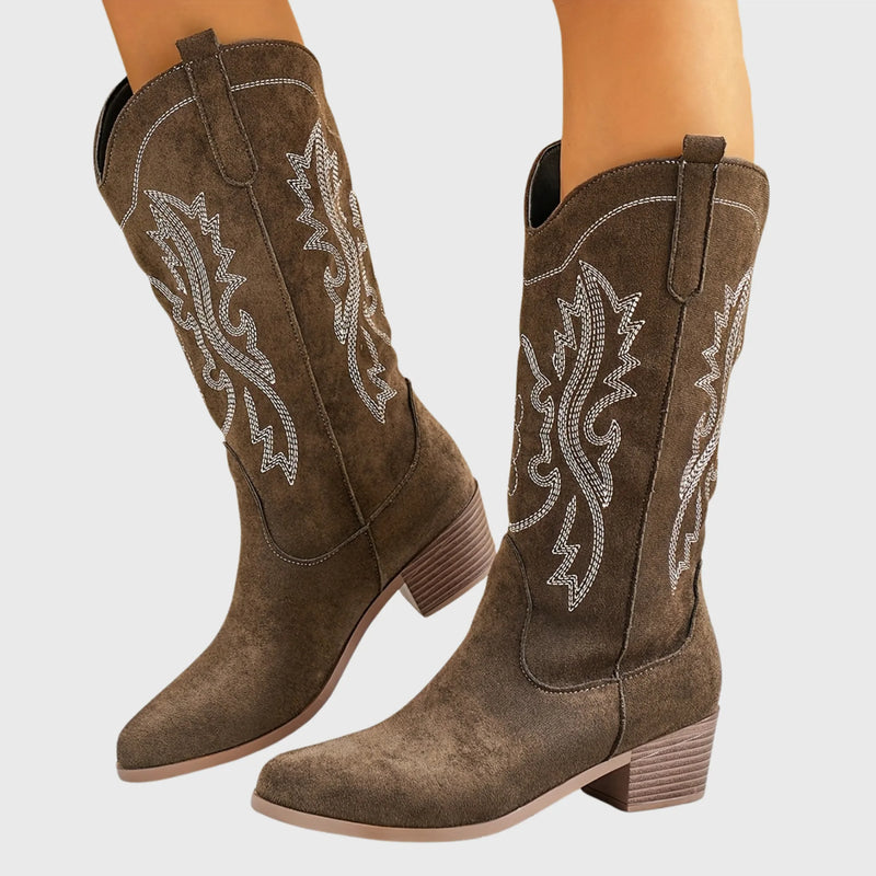 Suri Bottes Western Brodées Contrastées, Talon Carré pour Femme - Sépia | Tenelle