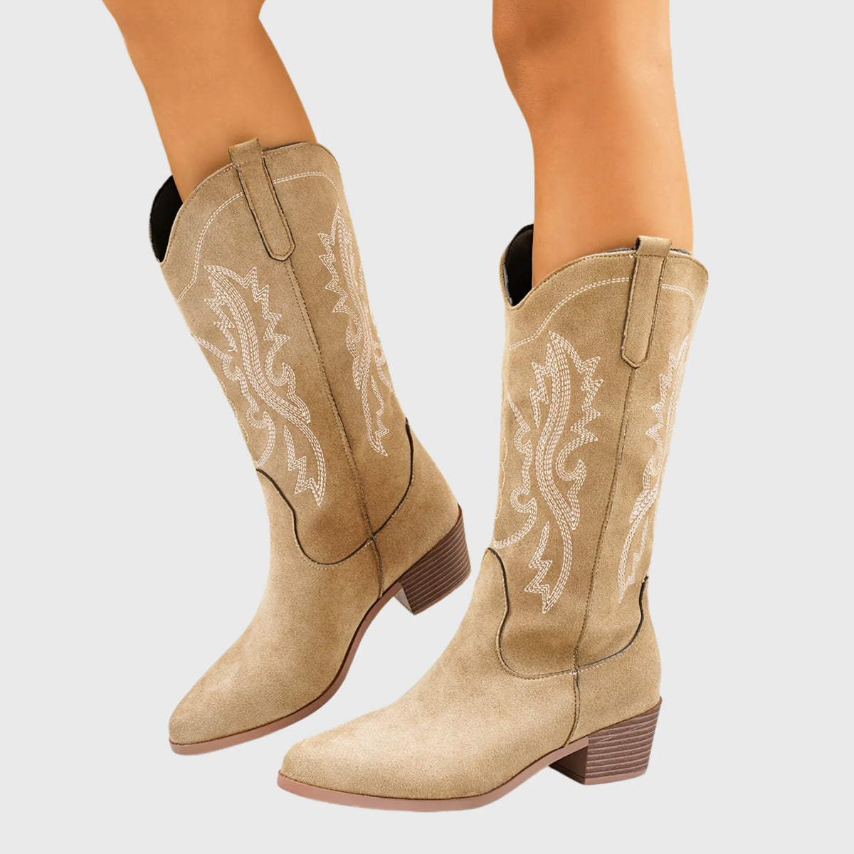 Suri Bottes Western Brodées Contrastées, Talon Carré pour Femme - Marron | Tenelle