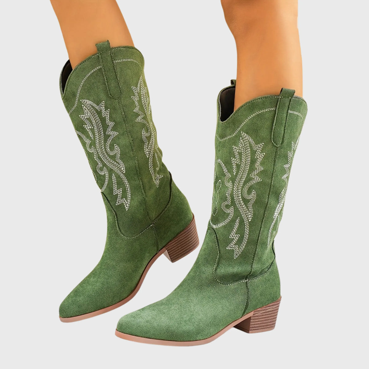 Suri Bottes Western Brodées Contrastées, Talon Carré pour Femme - Vert | Tenelle