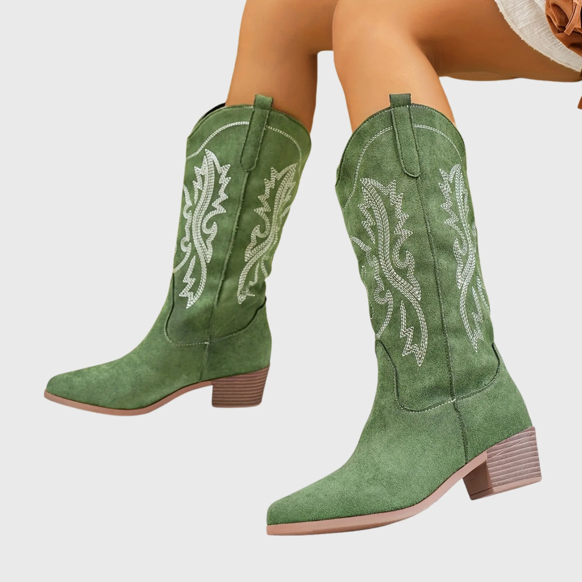 Suri Bottes Western Brodées Contrastées, Talon Carré pour Femme - Sépia | Tenelle