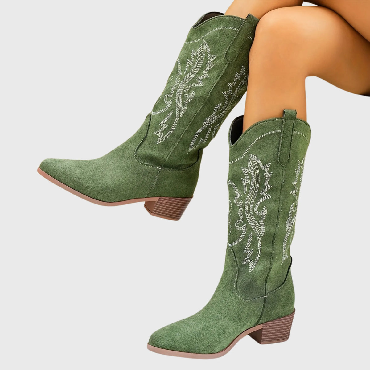 Suri Bottes Western Brodées Contrastées, Talon Carré pour Femme - Sépia | Tenelle