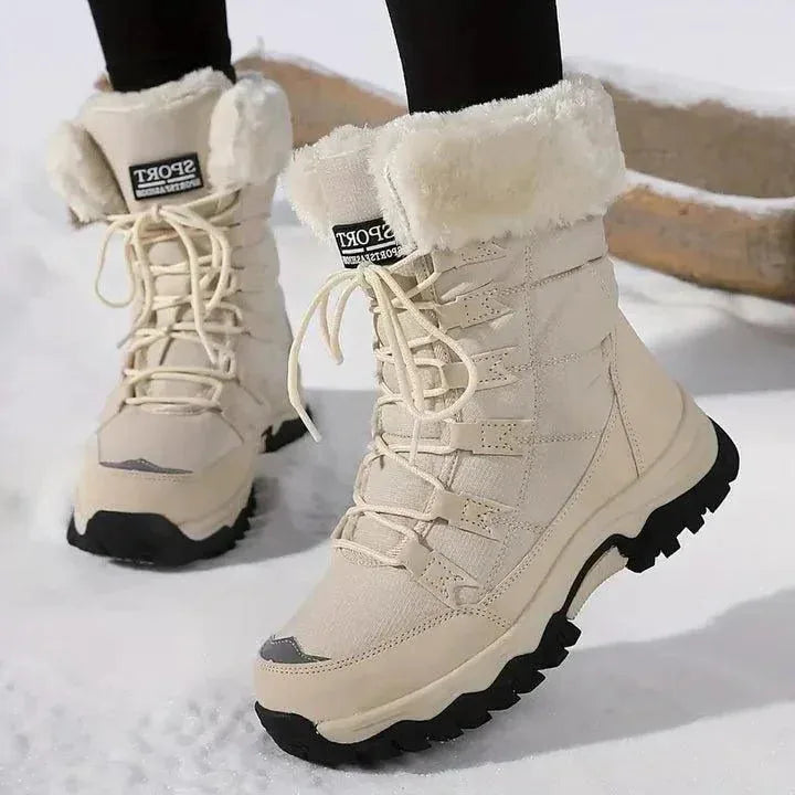 Thessaly Bottes de Neige Doublées Fausse Fourrure, Lacets, Semelle Épaisse pour Femme - Beige | Tenelle