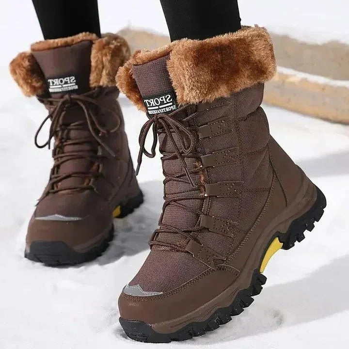 Thessaly Bottes de Neige Doublées Fausse Fourrure, Lacets, Semelle Épaisse pour Femme - Marron | Tenelle