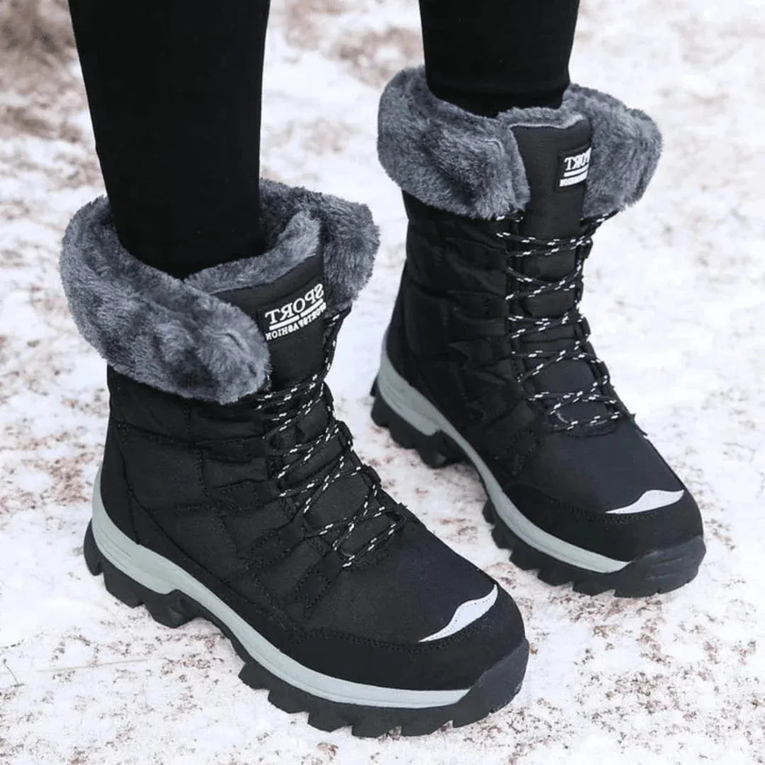 Thessaly Bottes de Neige Doublées Fausse Fourrure, Lacets, Semelle Épaisse pour Femme - Noir | Tenelle