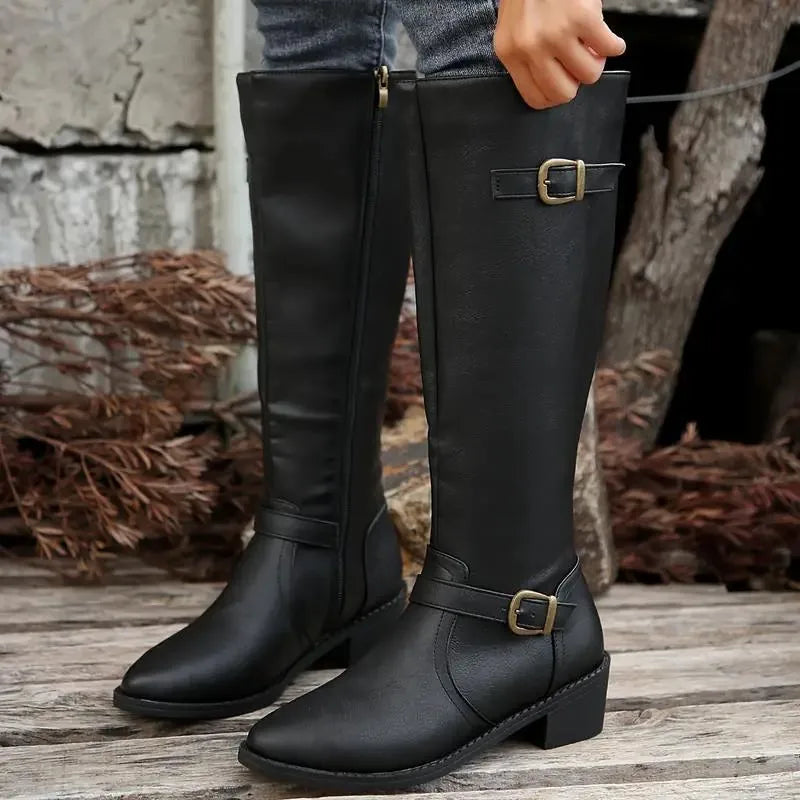 Vittoria Bottes Cavalières Montantes à Double Boucle, Talon Carré Bas pour Femme - Noir | Tenelle