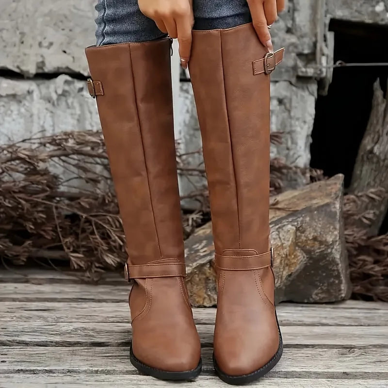 Vittoria Bottes Cavalières Montantes à Double Boucle, Talon Carré Bas pour Femme - Marron Foncé | Tenelle