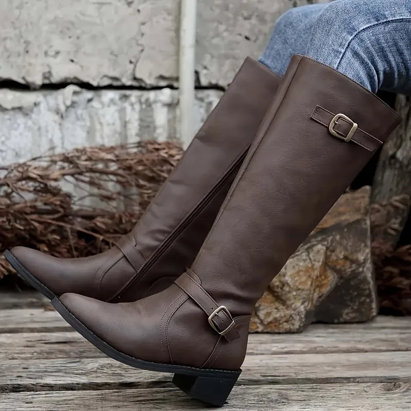 Vittoria Bottes Cavalières Montantes à Double Boucle, Talon Carré Bas pour Femme - Noir | Tenelle