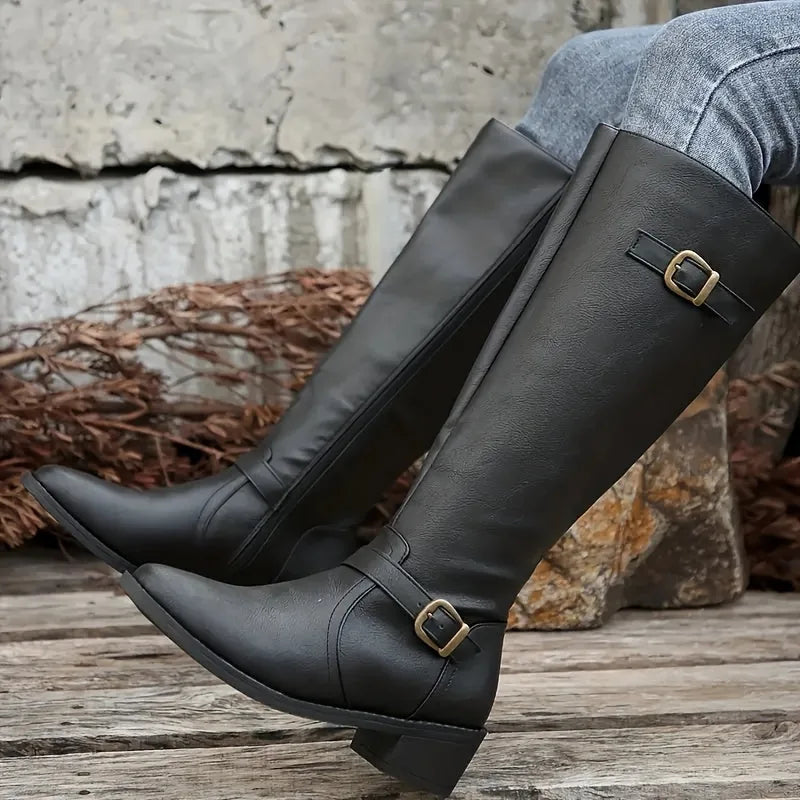Vittoria Bottes Cavalières Montantes à Double Boucle, Talon Carré Bas pour Femme - Marron | Tenelle