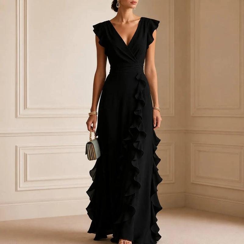 Marchen Robe Maxi Élégante à Volants pour Femme - Noir