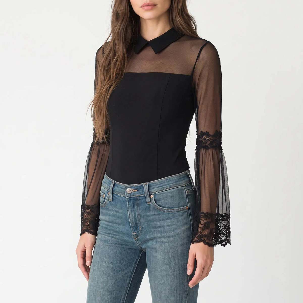 Marceline Blouse Transparente à Fermeture Zippée, Manches Longues pour Femme - Noir