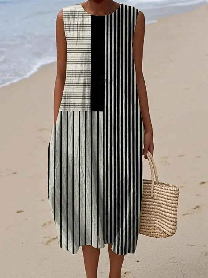 Laverne Robe Midi Rayée, Sans Manches pour Femme - Noir