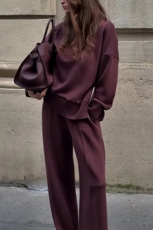 Maelynn Ensemble Coordonné Décontracté, Pantalon Large pour Femme - Bordeaux