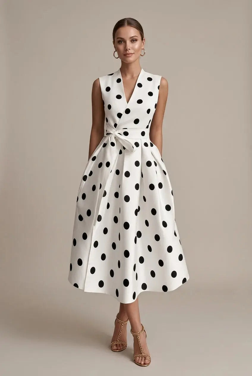 Marisin Robe Midi à Pois, Élégante, Sans Manches, Style Cocktail d'Été pour Femme - Blanc