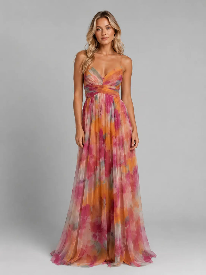 Oceane Robe Maxi Fleurie Col en V, Silhouette Fluide pour Femme - Orange