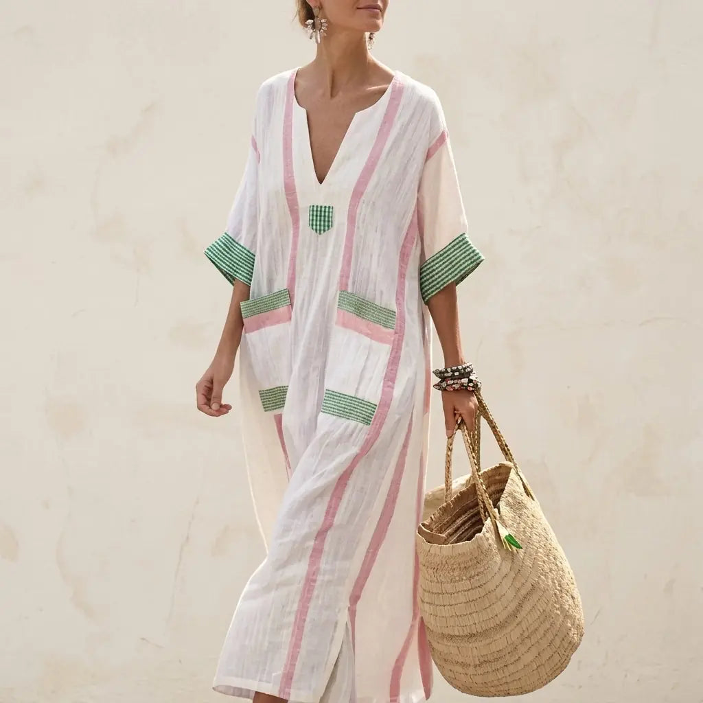 Marchesa Robe Maxi Mélange Lin, Coupe Décontractée, Longueur Cheville pour Femme - Rose et Vert