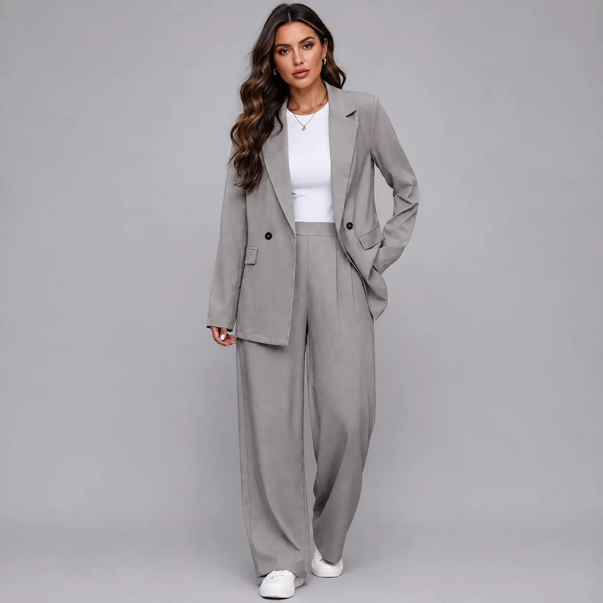 Rosalind Tailleur Blazer Long et Pantalon Large pour Femme - Gris