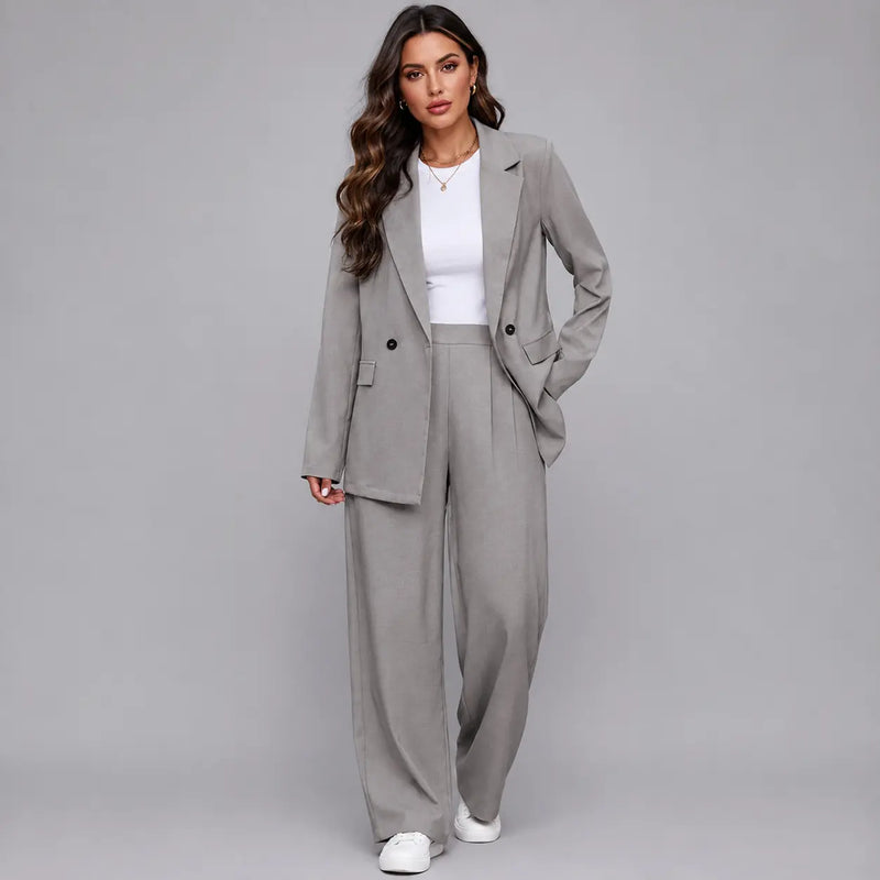 Rosalind Tailleur Blazer Long et Pantalon Large pour Femme - Gris
