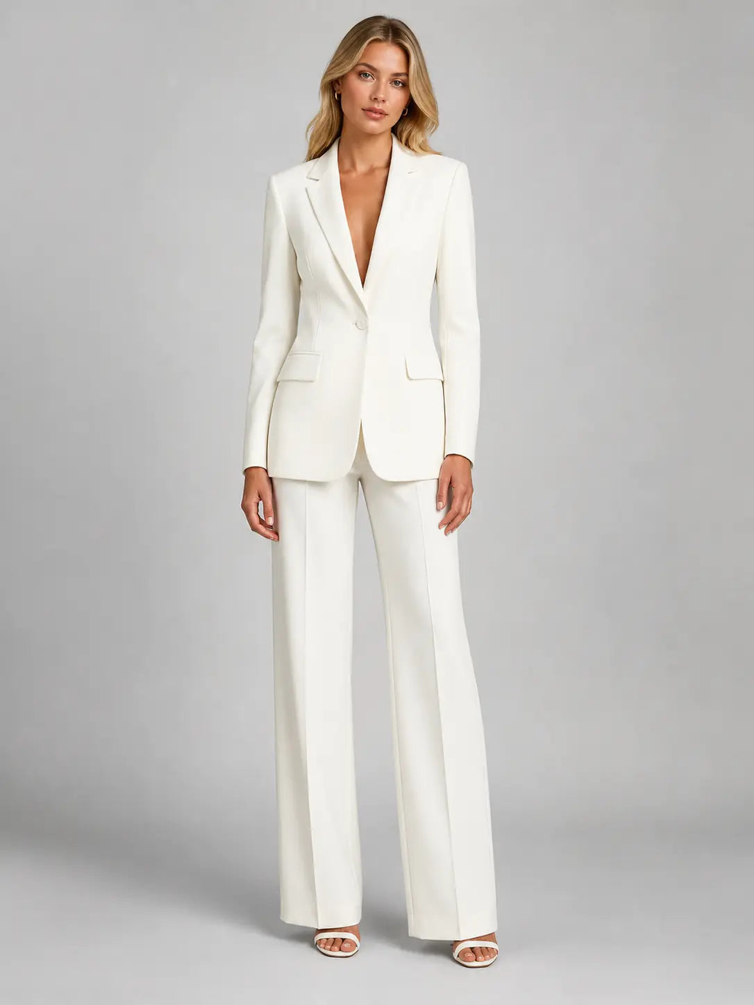 Harlow Tailleur Blazer Ajusté et Pantalon Large, Style Habillé pour Femme - Blanc