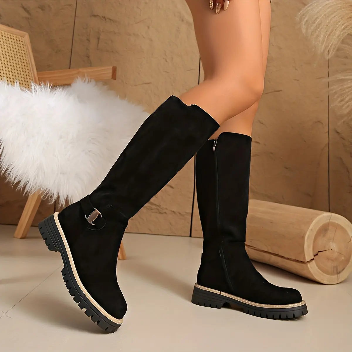 Lainie Bottes Montantes à Boucle, Semelle Crantée, Talon Carré pour Femme - Noir