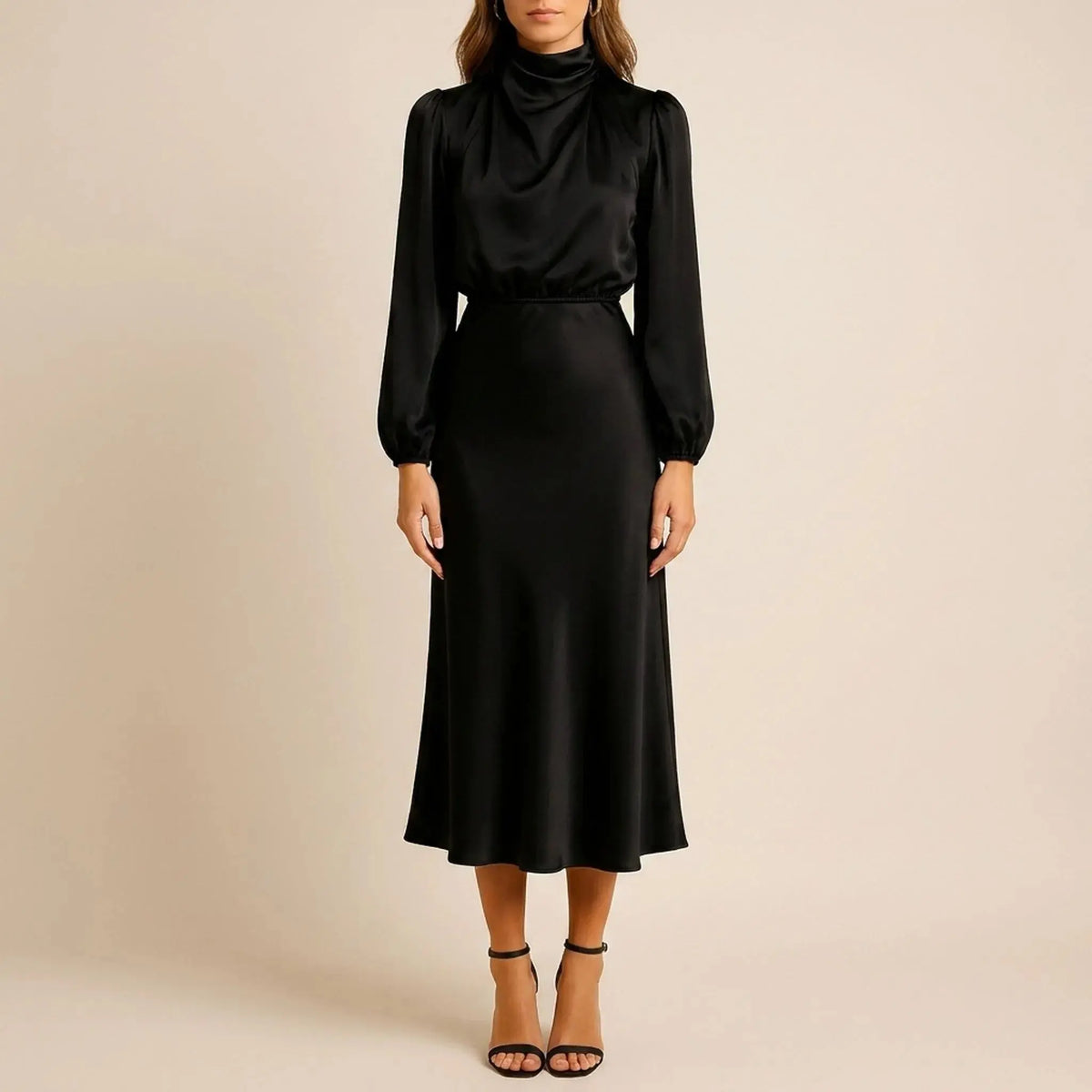 Wren Robe Midi Col Haut, Manches Longues pour Femme - Noir