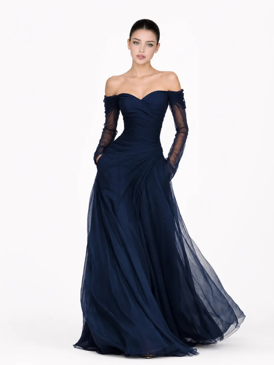 Ivette Robe de Soirée Maxi en Mousseline, Épaules Dénudées, Manches Longues, Décolleté Cœur pour Femme - Bleu Foncé