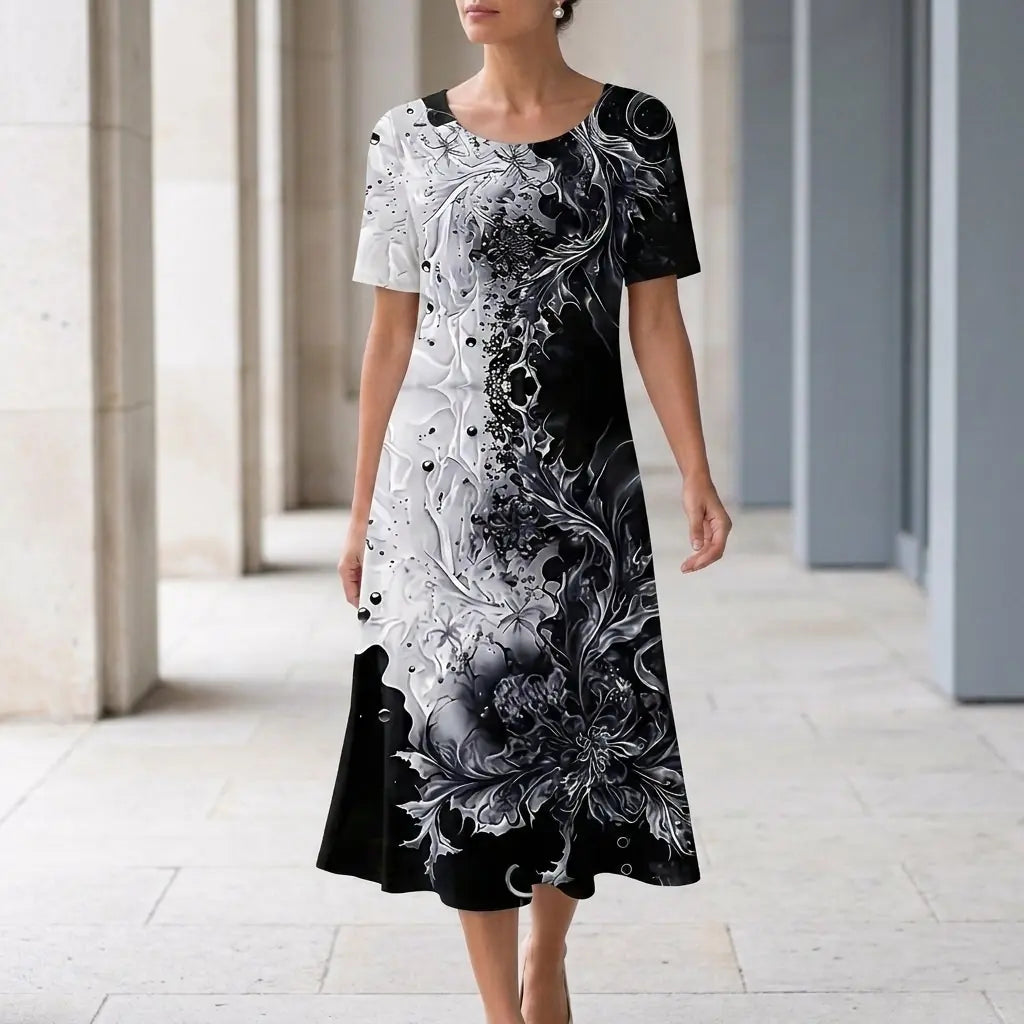 Marisol Robe Midi Imprimé Abstrait, Manches Courtes, Col Rond, Coupe Trapèze Décontractée pour Femme - Gris