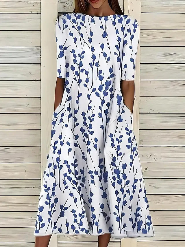 Verlaine Robe Midi Fleurie, Col Rond, Manches Courtes pour Femme - Bleu