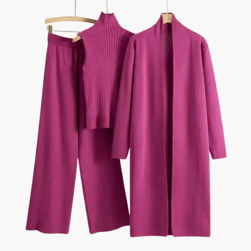 Avery Ensemble Trois Pièces en Maille Côtelée, Élégant pour Femme - Rouge Rosé