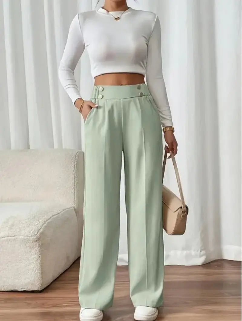 Amalric Pantalon Large Taille Haute, Bouton et Poches Latérales pour Femme - Menthe