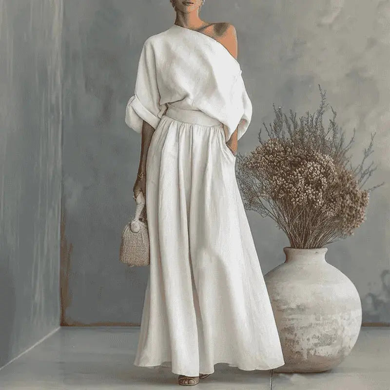 Solendra Ensemble Coordonné Haut Asymétrique et Pantalon Large Fluide pour Femme - Ivoire