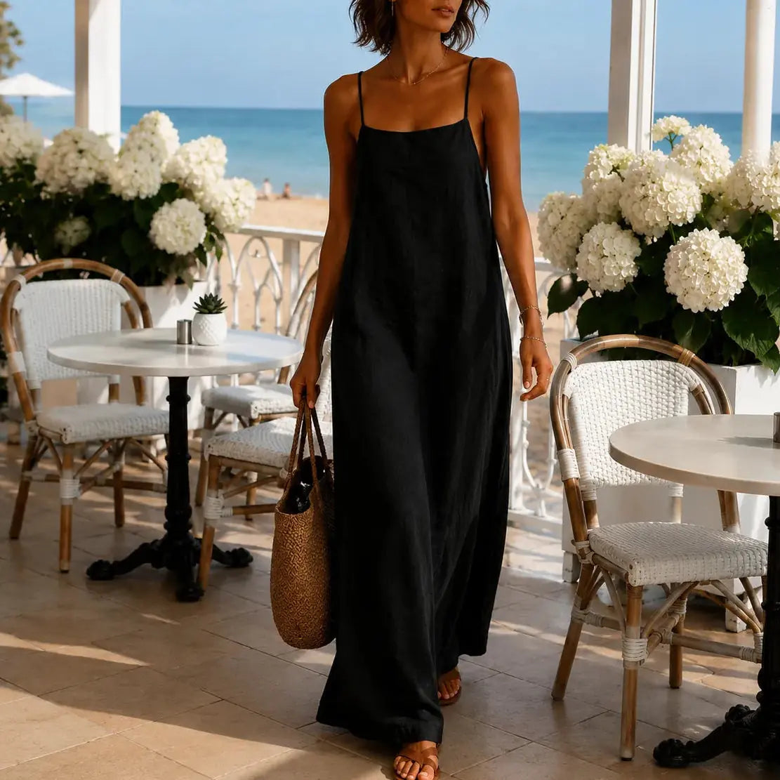 Marelle Robe Maxi Fluide Effet Lin pour Femme - Noir