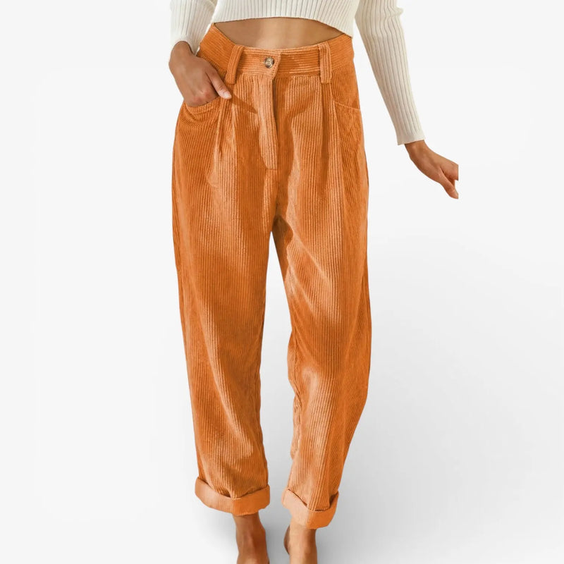 Vesna Pantalon en Velours Côtelé, Taille Haute, Jambe Large, Coupe Décontractée pour Femme - Orange
